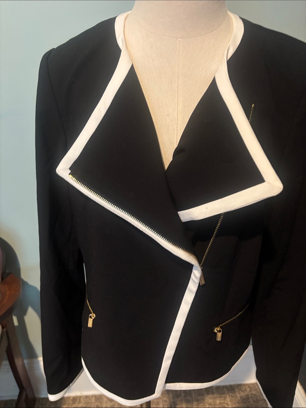 Calvin Klein Black Blazer with White Trim and Gold Zippers